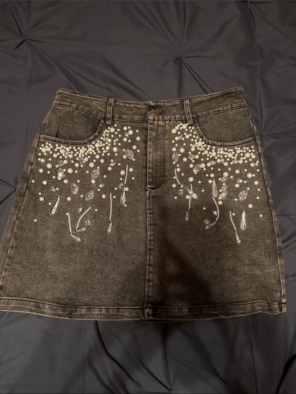 Embellished Black Denim Mini Skirt